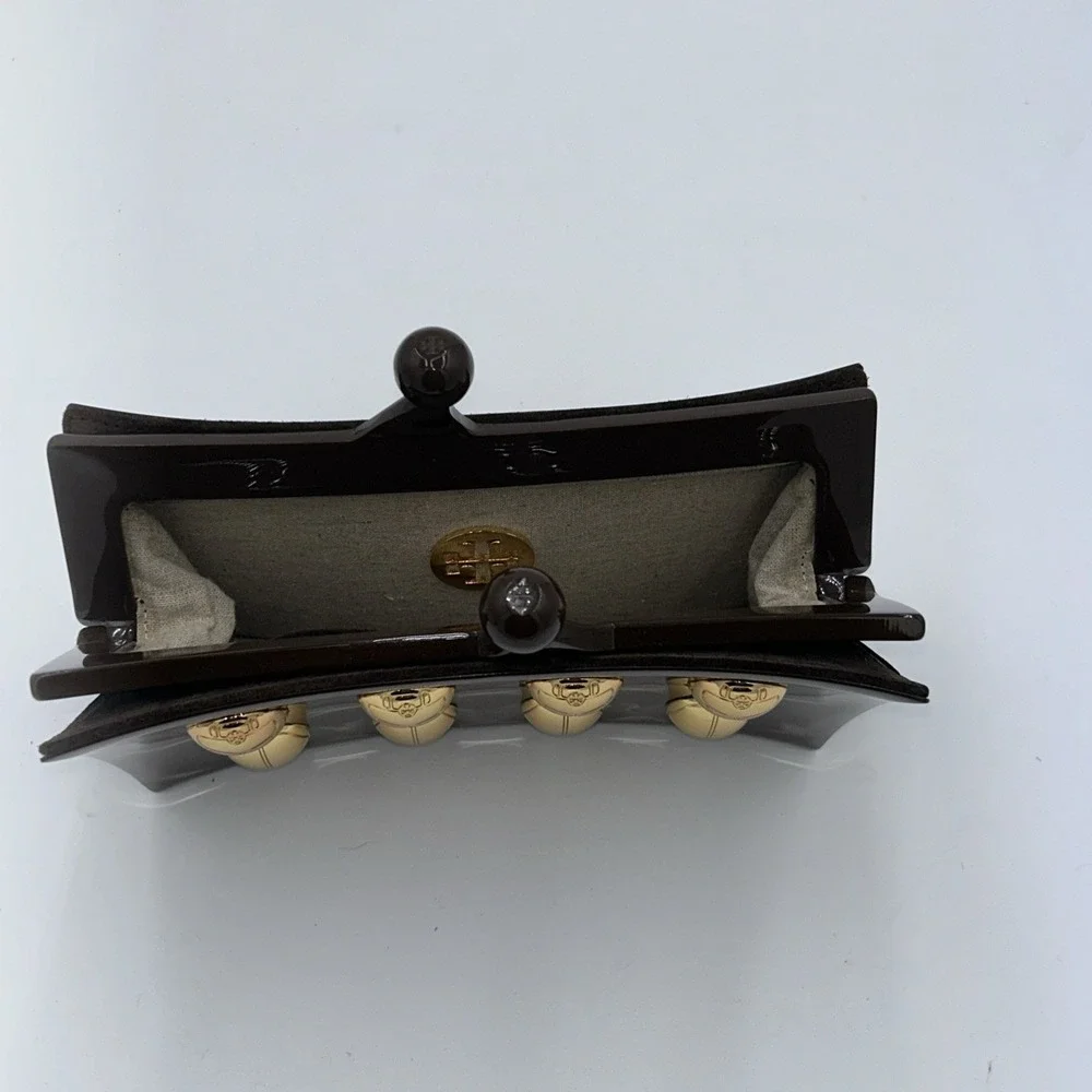 Tory Burch Vintage Rare Brown Lucite, Gold Embossed Scarab & Suede Back Clutch - Picture 7 of 8